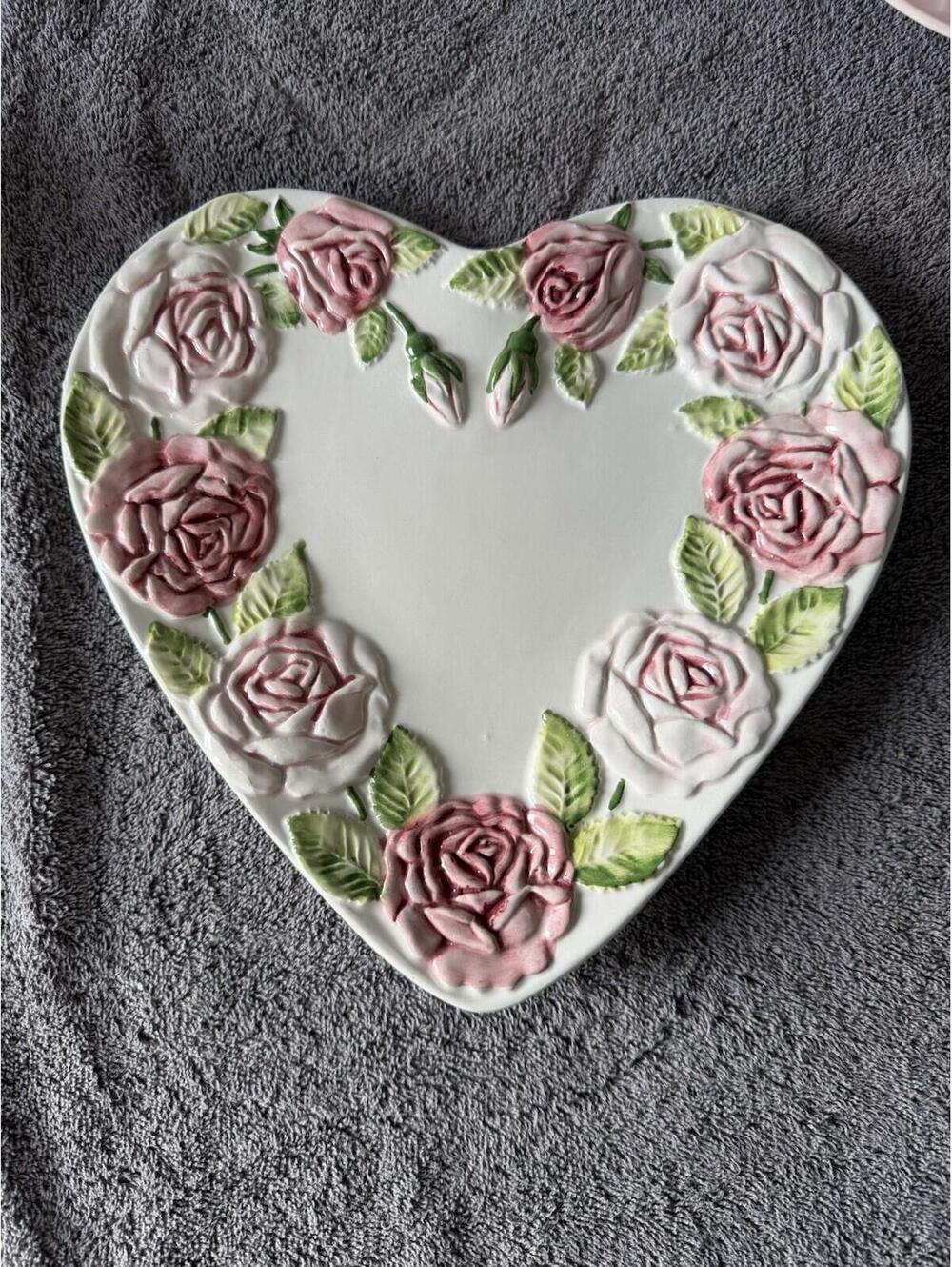 Vintage Portugal Heart Shaped Rose Serving Platter Embossed Hand Painted